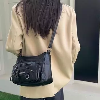 Женская сумка через плечо из мягкой кожи с несколькими отделениями и карманами винный