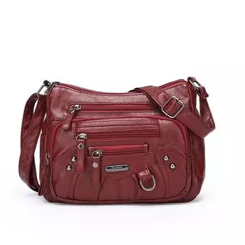 Женская сумка через плечо из мягкой кожи с несколькими отделениями и карманами чёрный