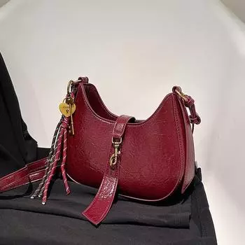 Женская сумка через плечо из мягкой кожи в стиле ретро 2024 года с полумесяцем — текстурированная, стильная и удобная для поездок на работу Wine red without pendant. 25*6.5*19 вино красного