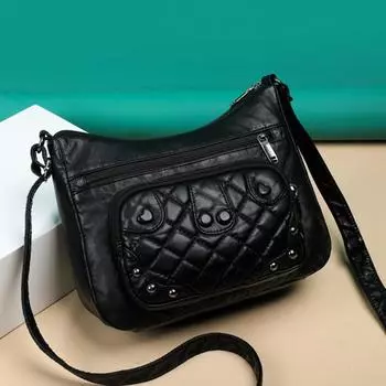 Женская сумка через плечо из мытой искусственной кожи, 2023 Reviet, женская сумка-ведро с решетчатым узором, дорожные сумки чёрный