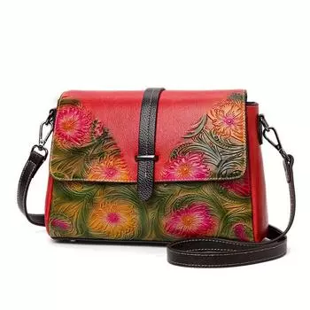 Женская сумка через плечо из натуральной кожи в стиле ретро, большая вместимость, цветочный узор, квадратная сумка из коровьей кожи