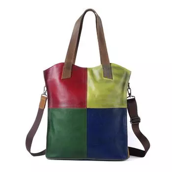 Женская сумка через плечо из натуральной кожи в стиле ретро, контрастного цвета, клетчатая сумка большой вместимости, повседневная, с цветной строчкой