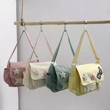 Женская сумка через плечо Kawaii, большая вместительная холщовая милая сумка на плечо со звездой и буквенной аппликацией ярких цветов, уличная сумка для отдыха и путешествий белый