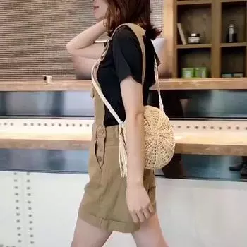 Женская сумка через плечо, круглая плетеная из плетеной соломы из ротанга, пляжная корзина, кошелек 16*1*23cm бежевый