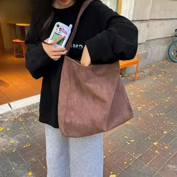 Женская сумка через плечо, модная твидовая ткань, большая вместительная сумка через плечо, повседневная сумка для ежедневного использования в офисе, однотонная сумка коричневый