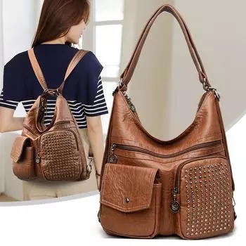 Женская сумка через плечо, мягкая кожаная сумка-тоут с заклепками, портативная сумка через плечо большой емкости чёрный