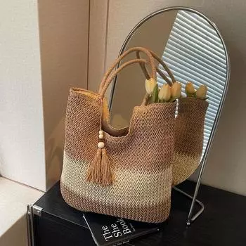 Женская сумка через плечо, плетеная сумка с цветными блоками, большая вместительная сумка-тоут бежевый