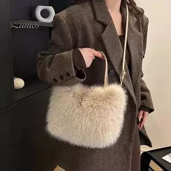 Женская сумка через плечо, пушистая плюшевая, с двойными лямками, однотонная, многоцелевая сумка на все случаи жизни, гладкий кошелек с магнитной застежкой кофейный
