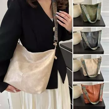 Женская сумка через плечо, регулируемая широкая сумка с вышивкой, гладкая водонепроницаемая мягкая искусственная кожа, винтажная сумка на плечо большой вместительности чёрный