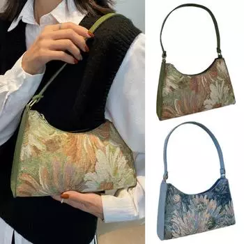 Женская сумка через плечо Ретро узкие ремни Картина маслом Печать Застежка-молния в форме полумесяца Большие возможности Путешествия на работу Сумка под мышкой Сумка зелёный