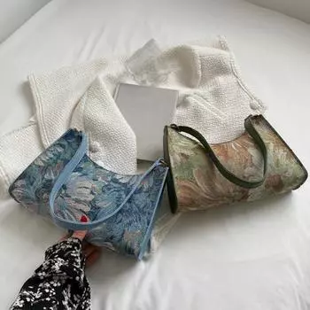 Женская сумка через плечо Ретро узкие ремни Картина маслом Печать Застежка-молния в форме полумесяца Большие возможности Путешествия на работу Сумка под мышкой Сумка зелёный