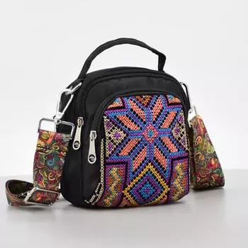 Женская сумка через плечо с этнической вышивкой, маленькая квадратная сумка из нейлоновой ткани Оксфорд, четырехслойный ремень, сумка через плечо, маленькая тканевая сумка для мам синий