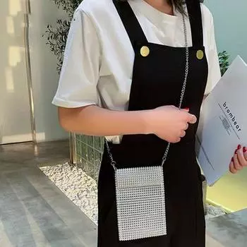 Женская сумка через плечо с бриллиантами, женская сумка через плечо, диагональная сумка на цепочке, женский мини-мобильный телефон 17.5*12*1cm чёрный