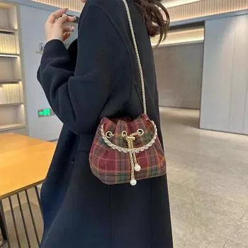 Женская сумка через плечо с цепочкой, новая ретро шерстяная клетчатая сумка-ведро на одно плечо