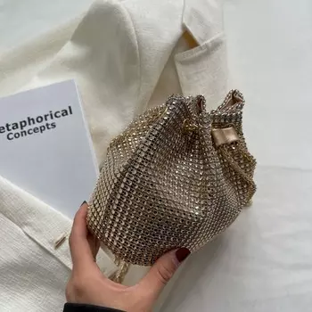 Женская сумка через плечо с цепочкой, однотонная блестящая сумка-портфель со стразами, блестящая сумка на шнурке, женская сумка для свиданий золотой