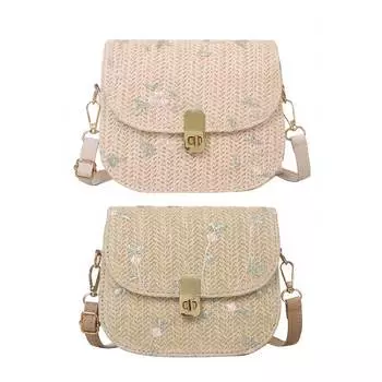 Женская сумка через плечо с цветком, плетеная из соломы, соломенная сумка из ротанга, плетеная из соломы, регулируемые плечевые ремни, застежка-молния, искусственная кожа для улицы бежевый