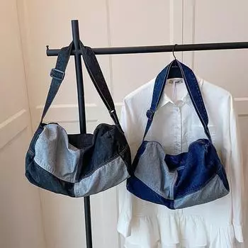 Женская сумка через плечо с цветными блоками, джинсовая сумка через плечо, большая вместимость, сумка через подмышку синий