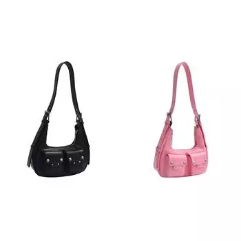Женская сумка через плечо с двойными карманами из искусственной кожи, сумка в форме полумесяца, сумка-хобо (черный)