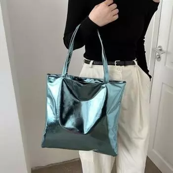 Женская сумка через плечо с гладкой глянцевой поверхностью, большая вместимость, однотонная застежка-молния, искусственная кожа, портативная легкая женская студенческая сумочка серебряный