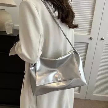 Женская сумка через плечо с гладкой поверхностью из искусственной кожи, большой емкости, плетеный ремень с цепочкой, однотонная портативная магнитная пряжка на молнии для поездок на работу серебряный
