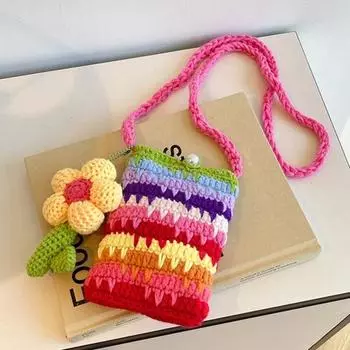 Женская сумка через плечо с красочным кулоном в виде цветка, связанного крючком, с замком из искусственного жемчуга