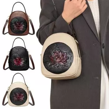 Женская сумка через плечо с отверстием для наушников в стиле ретро, с тиснением в виде лотоса, с несколькими отделениями, застежкой-молнией, сумка через плечо для поездок на работу чёрный