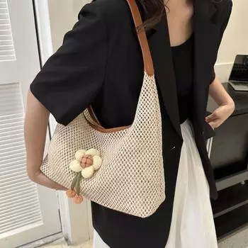 Женская сумка через плечо с плетеным цветочным декором, полая сумка под мышками, большая вместительная сумка, с большим ртом, для отпуска, для отдыха, пляжная сумка, женская сумка хаки