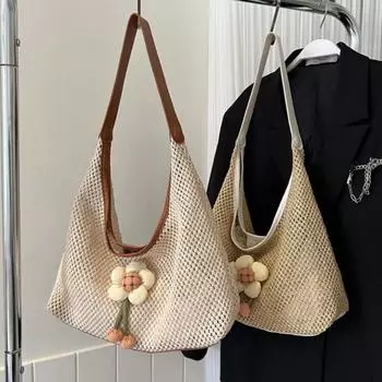 Женская сумка через плечо с плетеным цветочным декором, полая сумка под мышками, большая вместительная сумка, с большим ртом, для отпуска, для отдыха, пляжная сумка, женская сумка хаки