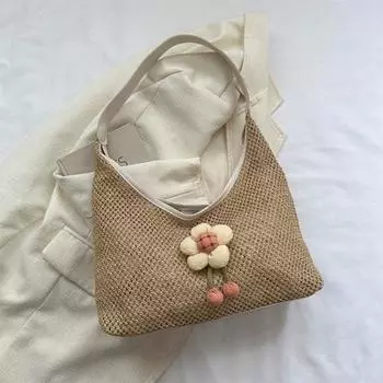 Женская сумка через плечо с плетеным цветочным декором, полая сумка под мышкой, большая вместимость, мешковатая хаки