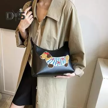Женская сумка через плечо с регулируемым плечевым ремнем, вышитая собака, застежка-молния, сумка в форме пельменя, сумка для подмышек, сумка для шопинга, путешествий, поездок на работу и обратно коричневый