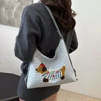 Женская сумка через плечо с регулируемым ремнем, вышитым рисунком собаки в клетку, застежкой-молнией, пельмень B