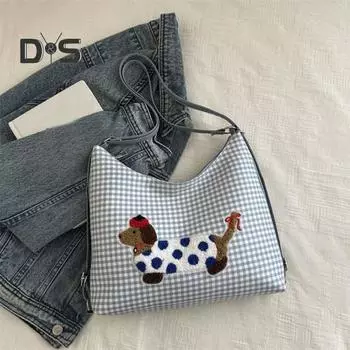 Женская сумка через плечо с регулируемым ремнем, вышитым рисунком собаки в клетку, застежкой-молнией, сумка в форме пельменя для подмышек, сумка для шопинга, путешествий, поездок на работу и обратно A