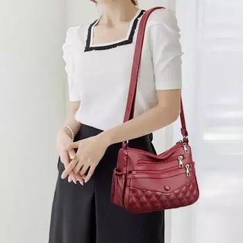 Женская сумка через плечо с ромбом, многослойная сумка, мягкая кожаная сумка-мессенджер, женская сумка среднего возраста, сумка на одно плечо для мам чёрный