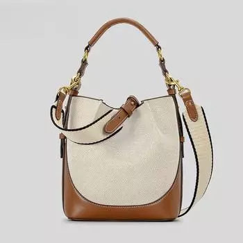 Женская сумка через плечо с широким ремнем, вместительная, из холста, сумка-ведро коричневый