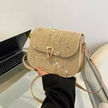 Женская сумка через плечо с соломенным плетением и зеленым узором из листьев, летняя, портативная, регулируемая бежевый