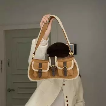 Женская сумка через плечо с текстурой из меха ягненка, мягкая кожаная сумка для волос, большая вместимость, новая мода