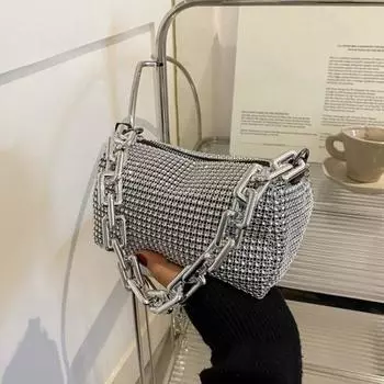 Женская сумка через плечо с толстой цепочкой, декорированная стразами, застежка-молния из искусственной кожи, легкая водонепроницаемая сумка через плечо для ежедневных путешествий по улице чёрный