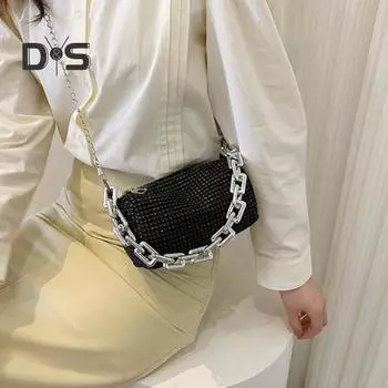 Женская сумка через плечо с толстой цепочкой, декорированная стразами, застежка-молния из искусственной кожи, легкая водонепроницаемая сумка через плечо для ежедневных путешествий по улице серебряный