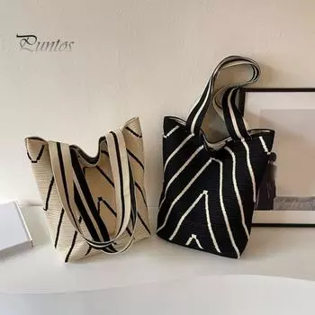 Женская сумка через плечо с волнистой плетеной текстурой, контрастного цвета, большая вместимость, открытый дизайн, легкая портативная сумка для ежедневных поездок на работу чёрный