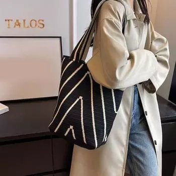 Женская сумка через плечо с волнистой плетеной текстурой, контрастного цвета, большая вместимость, открытый дизайн, легкая портативная сумка для ежедневных поездок на работу бежевый