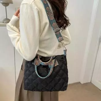 Женская сумка через плечо с вышивкой в стиле ретро, широкая, с ромбическим узором, из хлопка, большая вместительная сумка для покупок