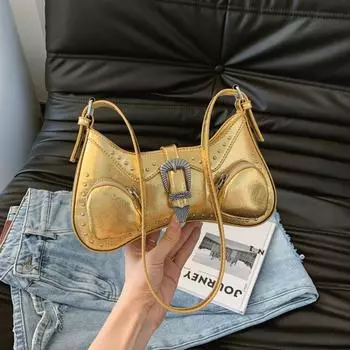 Женская сумка через плечо с заклепками, маленькая сумка-багет, модная сумка