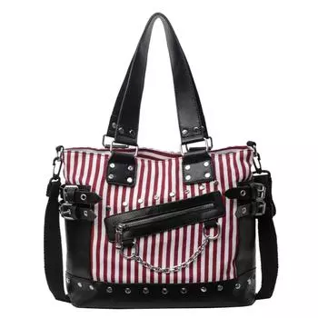 Женская сумка через плечо с заклепками, модная лоскутная сумка, шикарная сумка-хобо (черный полосатый)