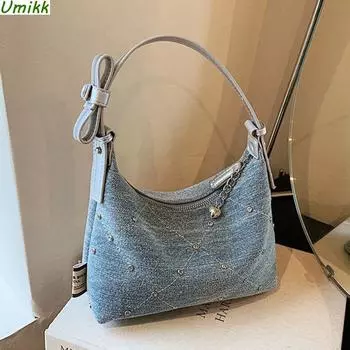 Женская сумка через плечо с заклепками, регулируемый ремень, джинсовая сумка через плечо, большая вместительная сумка подмышками с заклепками, женская уличная сумка серебряный