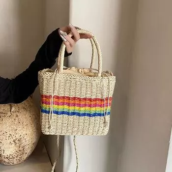 Женская сумка через плечо с завязками, плетеная сумка-тоут, универсальная соломенная радужная сумка-слинг, женская сумка через плечо для отдыха 23x8x19cm хаки