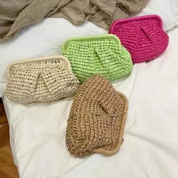 Женская сумка через плечо, тонкая, металлическая цепочка, соломенная плетеная, однотонная, большая вместимость, сумка в форме ракушки хаки