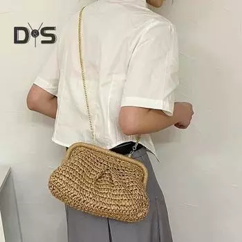Женская сумка через плечо, тонкая, с металлической цепочкой, соломенная плетеная, однотонная, большая вместительная сумка в форме ракушки, с большим горлом, для поездок на работу, путешествий, свиданий, слинг-сумка хаки