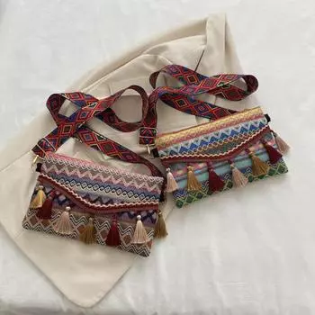 Женская сумка через плечо в этническом стиле в стиле бохо с цветными кисточками ручной работы, плетеная, подарочная, прямоугольная оранжевый