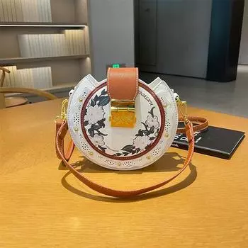 Женская сумка через плечо в этническом стиле, полая сумка с ретро-принтом, маленькая круглая женская сумка белый