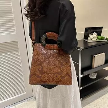 Женская сумка через плечо в стиле литературы и искусства с узором контрастного цвета на молнии Сумка большой вместимости Европейская и американская женская сумка в стиле ретро зелёный